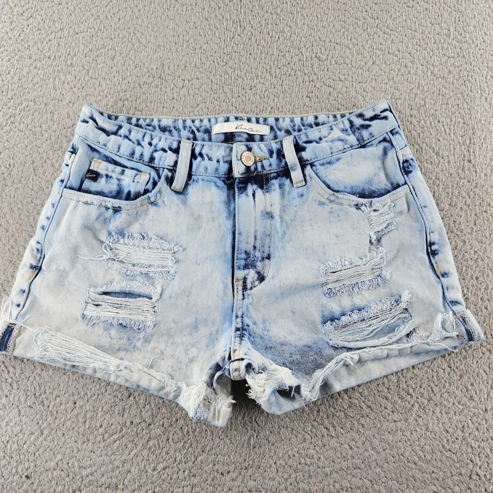 KanCan Acid Wash Distressed Denim Shorts Womens 26 Blue High Rise Jean Boho